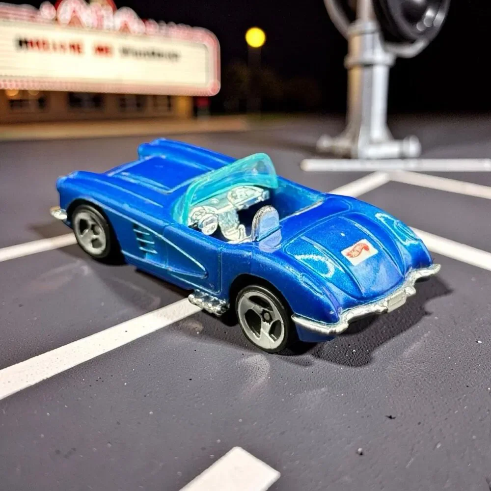 Hot Wheels 1958 Corvette Coupe, From 1996 Corvette 5-Pack Blue Hood Opens